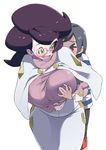  1girl blush breasts duplicate garuganchuu glasses groping highres huge_breasts pokemon pokemon_(game) pokemon_sm short_hair sweat sweater white_background wicke_(pokemon) you_(pokemon) 