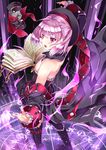  bare_shoulders black_legwear black_sleeves book colonel_olcott_(fate/grand_order) dress fate/grand_order fate_(series) flat_chest hat helena_blavatsky_(fate/grand_order) looking_at_viewer open_mouth purple_eyes purple_hair short_hair strapless thighhighs xephonia 