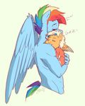  2016 5_fingers blonde_hair blue_feathers blue_fur clothed clothing crossgender duo equine eyes_closed feathered_wings feathers female friendship_is_magic fur hair male mammal multicolored_hair my_little_pony nolycs orange_feathers orange_fur pegasus pink_eyes rainbow_dash_(mlp) rainbow_hair simple_background sleeping smile sound_effects standing topless white_background wings young zzz 