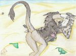  2016 ambiguous_gender anus beach claws hyena kissing love lying mammal nude on_back pawpads paws raised_tail seaside sergal spread_legs spreading striped_hyena tail_tuft toe_claws traditional_media_(artwork) tuft yenza 