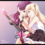  bangs bare_shoulders blonde_hair blunt_bangs blush bow bracelet breasts cleavage duet fingerless_gloves gloves guitar hair_bow instrument jewelry kichihachi kujou_ume large_breasts letterboxed long_hair microphone microphone_stand multiple_girls one_eye_closed open_mouth purple_eyes purple_hair red_eyes single_glove sleeveless smile tattoo tokyo_7th_sisters two_side_up uesugi_u_kyouko wavy_hair 
