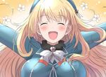  :d ^_^ atago_(kantai_collection) beret blonde_hair blush breasts closed_eyes colorized commentary_request facing_viewer flower hat kantai_collection kuromu_(underporno) large_breasts long_hair long_sleeves military military_uniform open_mouth outstretched_arms pan-pa-ka-paaan! smile solo uniform upper_body 
