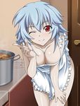  apron bent_over blue_hair breasts cleavage collarbone eyebrows eyebrows_visible_through_hair hand_on_lap index_finger_raised indoors infinite_stratos large_breasts looking_at_viewer lowres naked_apron one_eye_closed red_eyes sarashiki_tatenashi short_hair smile solo white_apron 