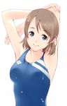  arms_behind_head blue_eyes breasts brown_hair competition_swimsuit egooo grey_hair love_live! love_live!_sunshine!! medium_breasts one-piece_swimsuit short_hair smile solo swimsuit upper_body watanabe_you 