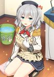  :d apron beret blue_eyes bucket cleaning desk epaulettes frilled_sleeves frills gloves hat kantai_collection kashima_(kantai_collection) long_hair nakamura_sumikage open_mouth rag smile solo sparkle twintails wavy_hair white_gloves wooden_floor 