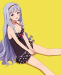  :d bare_shoulders black_swimsuit breasts casual_one-piece_swimsuit cleavage ear hairband hands_together highres idolmaster idolmaster_(classic) interlocked_fingers long_hair looking_at_viewer medium_breasts one-piece_swimsuit open_mouth purple_eyes red_hairband shijou_takane silver_hair simple_background sitting smile solo swimsuit v_arms very_long_hair yahiro_(epicopeiidae) yellow_background 