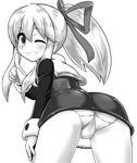  ass dress from_behind greyscale grin highres leaning_forward long_hair looking_back m.m monochrome one_eye_closed panties ponytail ribbon rockman roll smile solo trefoil underwear 