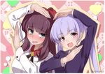  blue_eyes blush commentary heart heart_arms heart_arms_duo long_hair multiple_girls new_game! open_mouth parody purple_eyes purple_hair suzukaze_aoba takimoto_hifumi tanaka-kun_wa_itsumo_kedaruge tilt-shift twintails 