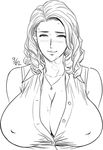  blush breasts cleavage covered_nipples curly_hair gigantic_breasts greyscale highres huffing jewelry mature monochrome necklace solo sweat tatsunami_youtoku unbuttoned unbuttoned_shirt 