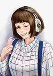  ;) atatatamu blush bob_cut breasts brown_eyes brown_hair cellphone commentary_request eyelashes grin headphones highres jewelry large_breasts lips necklace nose one_eye_closed original pearl_necklace phone plaid plaid_shirt sennheiser shirt short_hair smartphone smile solo suspenders upper_body 