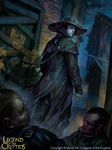  alley artstation_sample brown_hair capelet copyright_name death hat hat_belt highres image_sample jacket legend_of_the_cryptids looking_back male_focus no_pupils outdoors randy_vargas_gomez shadow solo_focus standing watermark 