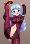  anus arms_up belt blue_hair blush bodysuit chaps commentary_request flexible gloves kula_diamond leg_up long_hair looking_at_viewer navel open_clothes open_mouth pussy pussy_juice red_eyes smile solo split spread_legs standing standing_on_one_leg standing_split the_king_of_fighters the_king_of_fighters_xiv uncensored unikurage 