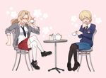  black_legwear black_neckwear blonde_hair blue_sweater blush closed_eyes covering_mouth crossed_legs cup darjeeling dress_shirt girls_und_panzer hand_over_own_mouth ilhi jacket kay_(girls_und_panzer) laughing multiple_girls necktie pink_background saucer saunders_school_uniform shirt sitting sleeves_rolled_up smile st._gloriana's_school_uniform sugar_cube sweater table teacup teapot tongue tongue_out v-neck white_legwear white_shirt 