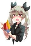  anchovy anzio_military_uniform bangs black_shirt blush bowl commentary dress_shirt drill_hair food girls_und_panzer green_hair hair_ribbon holding ice_cream long_hair military military_uniform necktie no_jacket oono_imo open_collar open_mouth red_eyes ribbon shirt sleeves_rolled_up smile solo spoon standing sweat twin_drills twintails uniform upper_body 