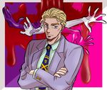  absurdres arms blonde_hair blood crossed_arms formal highres jojo_no_kimyou_na_bouken kira_yoshikage male_focus necktie purple_eyes regit solo suit upper_body 