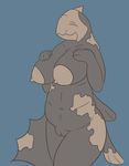  anthro anthrofied belly big_breasts breast_grab breasts brown_skin coelacanth erect_nipples eyes_closed female fin fish grey_skin hand_on_breast marine navel nintendo nipples nude pok&eacute;mon posexe pussy relicanth scales simple_background slightly_chubby smile solo standing video_games 