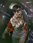  barbed_wire black-framed_eyewear black_eyes black_hair black_sclera breasts cleavage glasses grobi-grafik hat horror_(theme) lips long_hair medium_breasts nose nurse nurse_cap open_mouth pain screaming solo tatiana_gutierrez the_evil_within 