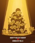  androgynous anniversary artist_name copyright_name flower flowey_(undertale) frisk_(undertale) happy_birthday heart highres komatsu_tororu monochrome multiple_persona pile sepia shirt stick striped striped_shirt thumbs_up too_many tumblr_username undertale upside-down watermark 