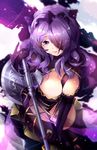  armor axe battle_axe black_armor breasts camilla_(fire_emblem_if) cleavage fire_emblem fire_emblem_if gloves hair_over_one_eye heart heart-shaped_pupils highres holding holding_axe holding_weapon large_breasts long_hair looking_at_viewer purple purple_eyes purple_hair smile solo squchan symbol-shaped_pupils thighhighs tiara weapon 