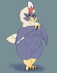  anthro areola avian beak bird black_eyes blue_fur breasts chest_tuft claws eagle erect_nipples eyelashes feathered_wings feathers fur hand_on_breast head_tuft looking_at_viewer nintendo nipples nude open_mouth pok&eacute;mon posexe pussy rufflet simple_background slightly_chubby solo standing thick_thighs toe_claws tuft video_games white_fur wide_hips wings 