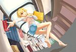  bag bare_legs barefoot bentoutou blonde_hair braid charlotte_(shironeko_project) denim denim_shorts fang green_eyes heterochromia highres mall red_eyes shadow shironeko_project shopping_bag short_hair shorts smile solo 