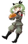  anchovy anzio_military_uniform belt black_footwear black_shirt boots commentary dress_shirt drill_hair eating food fork full_body girls_und_panzer green_hair grey_jacket grey_pants hair_ribbon holding jacket knee_boots knife long_hair long_sleeves military military_uniform one_eye_closed oono_imo pants pasta plate red_eyes ribbon shirt shoulder_belt simple_background solo standing twin_drills twintails uniform white_background 