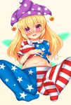  american_flag_dress american_flag_legwear blonde_hair blush breasts clownpiece dress dress_lift feet hat highres jester_cap lips long_hair navel no_shoes polka_dot purple_eyes short_sleeves small_breasts solo spread_legs striped striped_legwear tokoya_(ex-hetare) touhou 