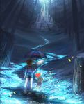  artstation_sample brown_hair castle column facing_away frisk_(undertale) highres image_sample monster_kid_(undertale) pillar ruins scenery shaonav shirt standing striped striped_shirt umbrella undertale wading 