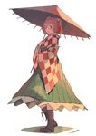  bell boots checkered checkered_clothing cross-laced_footwear glasses hair_bell hair_ornament hakama highres japanese_clothes kimono lace-up_boots meiji_schoolgirl_uniform motoori_kosuzu open_mouth oriental_umbrella pisoshi red_eyes red_hair solo touhou two_side_up umbrella 