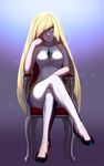  armchair blonde_hair breasts chair chin_rest crossed_legs full_body hair_over_one_eye highres leggings licking_lips long_hair looking_at_viewer lusamine_(pokemon) medium_breasts naughty_face pokemon pokemon_(game) pokemon_sm razalor sitting sleeveless smile solo tongue tongue_out 