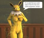  2016 3d_(artwork) absurd_res anthro areola big_ears black_eyes black_nose breasts canine dialogue digital_media_(artwork) eeveelution english_text eyelashes eyewear female fur gambitprix glasses hi_res jolteon looking_at_viewer mammal navel nintendo nipples nude open_mouth pok&eacute;mon pose pussy shadow solo source_filmmaker standing teacher text tongue video_games yellow_fur 