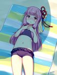  artist_name bangs bikini bikini_shorts blueberry_(5959) blunt_bangs blush crying crying_with_eyes_open eyebrows eyebrows_visible_through_hair flat_chest frilled_bikini frills from_above groin hair_ornament hair_ribbon hands_on_own_chest highres kotonoha_akane long_hair looking_at_viewer lying navel on_back open_mouth pink_hair red_eyes ribbon sand shadow shorts solo striped_towel swimsuit tears towel voiceroid 