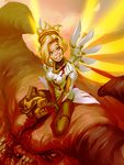  baron_of_hell blonde_hair blood blood_on_face blue_eyes bodysuit chainsaw commentary crazy_eyes crazy_grin crossover demon doom_(2016) doom_(game) grin grobi-grafik horns looking_at_viewer mechanical_halo mechanical_wings mercy_(overwatch) overwatch pantyhose planted_weapon revision sitting sitting_on_head sitting_on_person size_difference smile solo weapon wings 