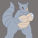  anthro belly big_breasts breast_grab breasts claws dinosaur fangs female grey_skin hand_on_breast horn looking_at_viewer mammal nintendo nude pok&eacute;mon posexe pussy red_eyes rhinoceros rhydon simple_background slightly_chubby smile solo spread_legs spreading standing teeth video_games 