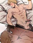  2boys abs aftersex bed bed_sheets blonde_hair blush happy_sex kiss lying male_focus male_protagonist_(pokemon_go) multiple_boys nipples pillow spark_(pokemon) sweat yaoi 