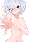  blue_eyes blush breasts covering covering_breasts embarrassed eyes_visible_through_hair hair_ornament hair_over_one_eye hairclip hamakaze_(kantai_collection) head_tilt highres kantai_collection looking_at_viewer medium_breasts navel nude outstretched_arm pon_(shind_997) short_hair silver_hair simple_background solo wet white_background 