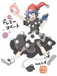  blue_eyes blue_hair book character_name dated doremy_sweet dream_soul full_body hat inuno_rakugaki nightcap one_eye_closed open_mouth pom_pom_(clothes) short_hair solo tail tapir_tail touhou white_background 