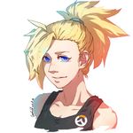  2016 artist_name bare_shoulders black_shirt blonde_hair blue_eyes blush collarbone dated emblem hair_ornament hair_tie high_ponytail li_geduld logo looking_at_viewer mercy_(overwatch) nose_blush overwatch parted_lips shirt simple_background sleeveless sleeveless_shirt smile solo upper_body white_background 