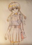  2015 absurdres bag braid casual closed_mouth eyebrows eyebrows_visible_through_hair fuusuke_(fusuke208) hair_between_eyes handbag head_tilt high-waist_skirt highres kyoukai_no_rinne long_hair mamiya_sakura monochrome number skirt sleeves_rolled_up smile solo sweater traditional_media twin_braids twitter_username 