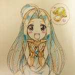  :3 absurdres ahoge blue_eyes blue_hair clenched_hands collarbone fuusuke_(fusuke208) granblue_fantasy heart heart-shaped_pupils highres long_hair lyria_(granblue_fantasy) mushroom open_mouth solo speech_bubble spoken_food symbol-shaped_pupils traditional_media very_long_hair 