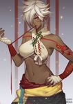  artist_name bandaged_arm bandages bare_shoulders breasts character_request clothes_around_waist cowboy_shot dark_skin earrings final_fantasy final_fantasy_xiv hair_over_one_eye hand_on_hip jewelry looking_at_viewer medium_breasts messy_hair midriff mouth_hold navel pointy_ears red_eyes short_hair solo songjikyo stomach striped striped_background tassel tattoo watermark web_address white_hair 