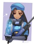  ahoge alternate_costume ana_(overwatch) armor artist_name beret black_hair border brown_eyes captain_amari child dark_skin facial_mark facial_tattoo gun happy hat heart hentaki highres holding holding_gun holding_weapon hologram long_hair looking_at_another mother_and_daughter multiple_girls overwatch pharah_(overwatch) purple_background rifle side_braids signature smile sniper_rifle tattoo upper_body v_arms watermark weapon white_border younger 