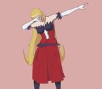  blonde_hair dab_(dance) dress elbow_gloves gloves kiss-shot_acerola-orion_heart-under-blade kissshot_(artist) meme monogatari_(series) red_dress simple_background solo thighhighs 