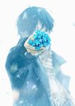  akabane_tsubasa black_hair blue blurry cover depth_of_field flower forget-me-not_(flower) jacket loundraw male_focus nowhere_man outstretched_arm snowing solo 