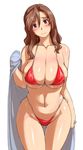  ass_visible_through_thighs bare_arms bare_shoulders bikini blush breasts brown_eyes brown_hair cleavage closed_mouth collarbone cowboy_shot head_tilt highleg highleg_bikini highleg_swimsuit highres holding_clothes huge_breasts interlude leaning_forward long_hair looking_at_viewer marufuji_izumi navel red_bikini shiny shiny_skin side-tie_bikini sidelocks skindentation smile solo stomach string_bikini swimsuit thigh_gap tsuda_nanafushi wavy_hair 