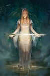  absurdres artstation_sample blonde_hair breasts cleavage closed_eyes dress dripping facing_viewer fog highres image_sample li_qian long_hair outdoors outstretched_arms reflection solo standing sword tiara tree weapon white_dress 