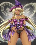  1girl andrew apprentice_illusion_magician blonde_hair blush choker dark_skin earrings female hat highres jewelry long_hair open_mouth panties partially_visible_vulva presenting purple_eyes solo upskirt very_long_hair wizard_hat yu-gi-oh! 