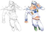  abs anchor_symbol birthmark black_hair bubble chaashuu collarbone dixie_cup_hat full_body green_eyes hat higashikata_jousuke_(jojolion) joestar_birthmark jojo_no_kimyou_na_bouken jojolion lineart male_focus military_hat navel sailor shoes sneakers solo tooth_gap 