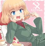  bangs black_skirt blonde_hair blue_eyes cake chair character_name cup cyrillic eating emblem fang food fork fruit girls_und_panzer green_jacket highres jacket katyusha kitayama_miuki long_sleeves miniskirt open_mouth pillow pleated_skirt pravda_(emblem) pravda_school_uniform red_shirt russian saucer school_uniform shirt short_hair sitting skirt smile solo strawberry translated turtleneck upper_body 