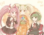  bow candy cat_hair_ornament danganronpa fake_horns food green_eyes green_hair hair_bow hair_ornament hair_ribbon hairband japanese_clothes long_hair mikuni_(open-ranka) monaka_(danganronpa) multiple_girls pink_eyes pink_hair ribbon saionji_hiyoko short_hair smile twintails utsugi_kotoko yellow_eyes zettai_zetsubou_shoujo 